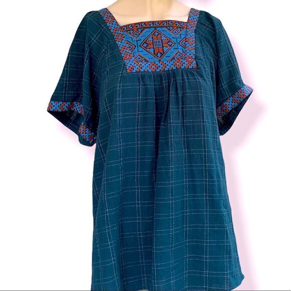 Entro dark teal embroidered peasant blouse - Picture 1 of 5
